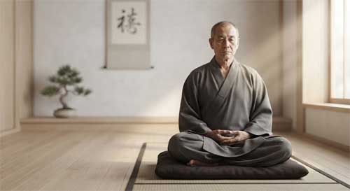 Representación serena de un maestro Chan en meditación, con luz suave filtrándose a través de una ventana tradicional, simbolizando la claridad interior y la transmisión directa