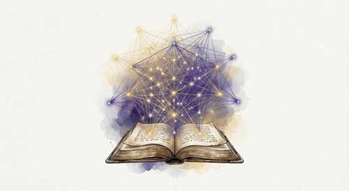 Ilustración simbólica de un libro antiguo abierto del cual emergen hilos de luz que se conectan formando una red compleja de nodos, representando la historiografía digital y el análisis de redes biográficas