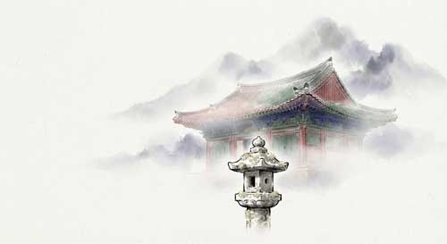 Ilustración simbólica de un templo coreano tradicional con techo curvo bajo una luz suave, representando la resiliencia cultural y espiritual del budismo coreano