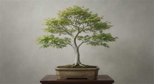 Un bonsái de arce japonés o zelkova de estilo elegante y refinado, con ramas finamente distribuidas y una copa equilibrada, mostrando una salud vibrante y una estética naturalista perfecta