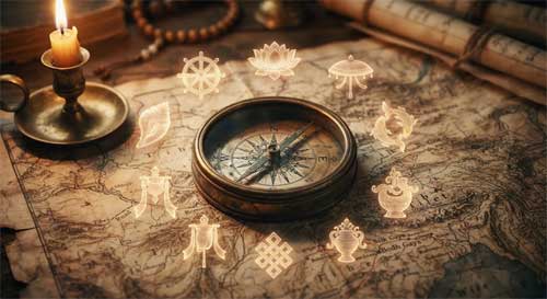 Brújula antigua de latón sobre un mapa desgastado, rodeada de ocho símbolos sutiles flotantes que representan virtudes budistas, luz cálida de vela, atmósfera de guía espiritual y viaje interior