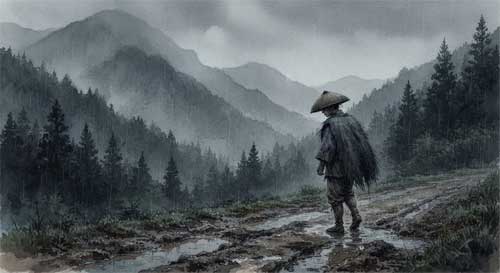 Ilustración melancólica de una figura solitaria caminando por un sendero rural bajo una lluvia fina, con siluetas de montañas difusas al fondo