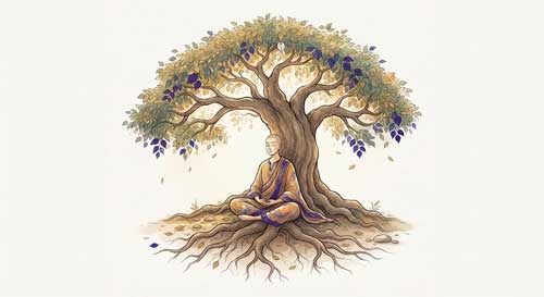 Ilustración simbólica de una figura sentada en meditación bajo un árbol estilizado, con raíces profundas y ramas abiertas, representando la estabilidad y la acogida de su enseñanza