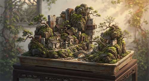 Una composición de penjing que mezcla pequeñas estructuras arquitectónicas modernas o tradicionales con árboles miniatura, musgo y piedras, creando una escena de callejón o jardín secreto en la ciudad