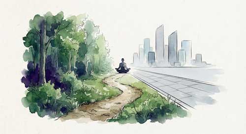 Ilustración simbólica de un monje caminando por un sendero que conecta un bosque tranquilo con una ciudad moderna al fondo, representando la dualidad del budismo tailandés contemporáneo