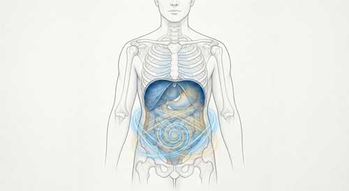 Ilustración esquemática de un torso humano mostrando el movimiento descendente del diafragma y la expansión abdominal durante la inhalación, con líneas de energía fluyendo hacia el centro