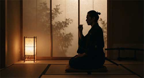 Silueta elegante de un samurái sentado en postura formal bajo la luz tenue de una lámpara de papel, sosteniendo discretamente un palillo de dientes, atmósfera de estoicismo silencioso y control absoluto, estilo minimalista japonés
