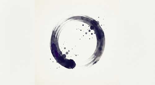 Ilustración simbólica de un círculo de tinta china (enso) imperfecto y abierto, flotando sobre un fondo sereno, representando la vacuidad dinámica y la naturaleza incompleta pero perfecta de la realidad