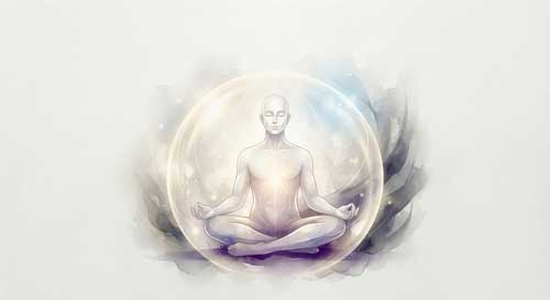 Representación simbólica de una figura meditativa rodeada por una esfera de luz protectora, simbolizando la resistencia espiritual y el cuidado interior