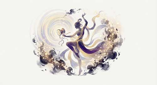 Ilustración simbólica de una figura femenina etérea danzando en un espacio vasto, con ondas de sonido vibrantes que representan el tambor del Chöd disolviendo las fronteras del ego