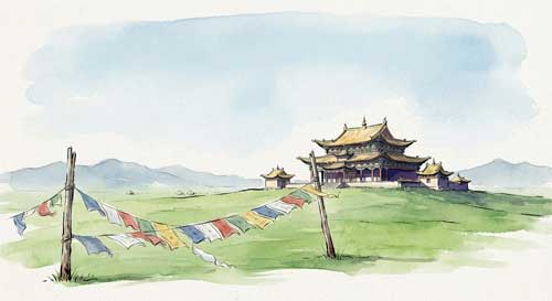 Ilustración simbólica de un templo mongol bajo un cielo inmenso, con banderas de oración ondeando suavemente, representando la resiliencia espiritual de Mongolia