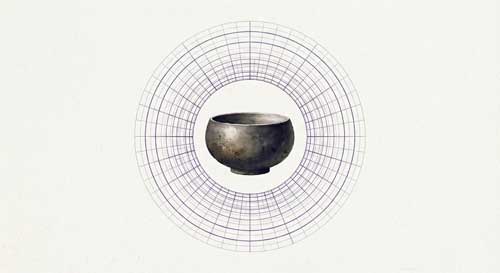 Ilustración simbólica de un cuenco de mendicante perfectamente equilibrado sobre una superficie plana, con líneas geométricas sutiles que sugieren orden y estructura ética