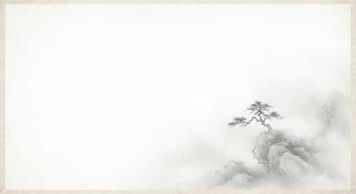 Ilustración etérea de un paisaje de montaña envuelto en niebla suave, con un solo árbol solitario destacando en la bruma, evocando soledad y contemplación