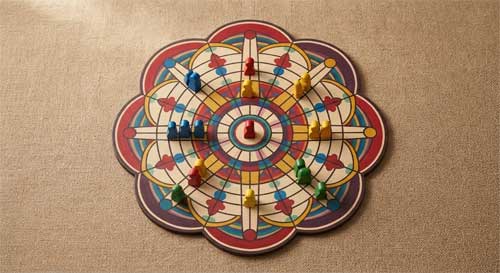 Tablero circular de Yunnori con caminos marcados y fichas de colores dispuestas estratégicamente