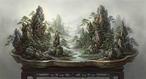 Una composición elaborada de Shanshui Penjing con múltiples picos rocosos, pequeños pabellones miniatura, árboles diminutos y un efecto de niebla que sugiere profundidad y vastedad