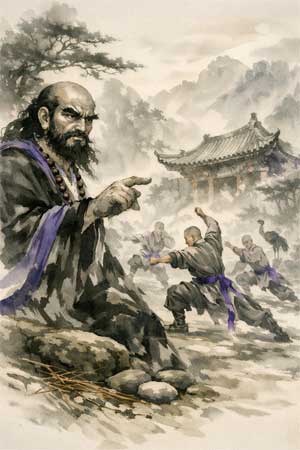 El cuerpo fuerte Bodhidharma enseñando ejercicios a los monjes