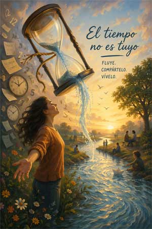 Escena metafórica de chica y reloj de arena a orillas del agua, invitando a vivir el presente sin ansiedad