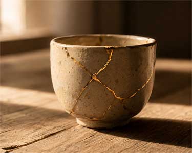 Taza de cerámica reparada con Kintsugi, simbolizando la belleza de la aceptación tras la ruptura.