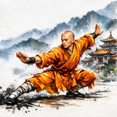 Monje Shaolin en postura de artes marciales, mostrando la unión entre fuerza física y calma espiritual