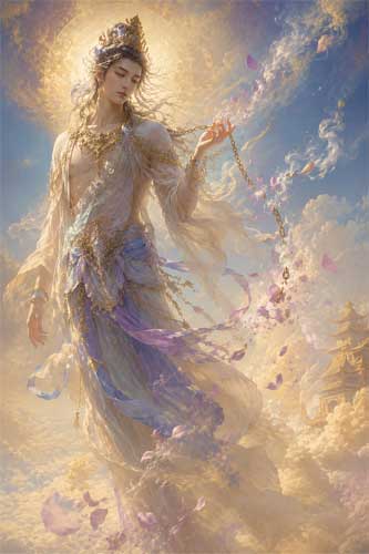 Ilustración artística de un Deva en los reinos celestiales budistas