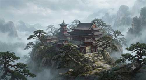 Vista de un monasterio tradicional chino en el Monte Emei