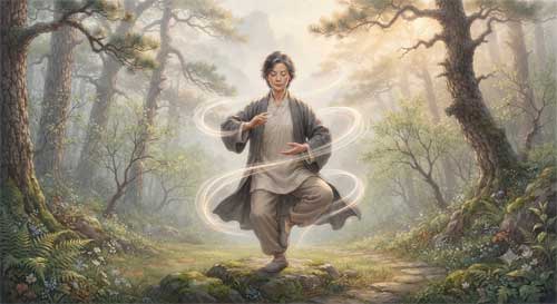 Representación artística de la práctica de Emei Qigong en la naturaleza