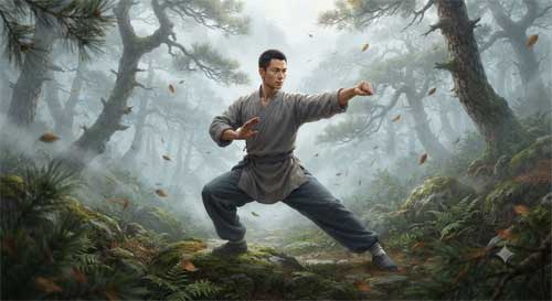 Representación artística de un maestro practicando Emei Quan