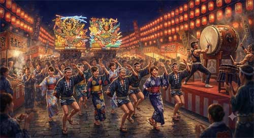 Representación vibrante de los festivales de verano japoneses ligados a O-Bon