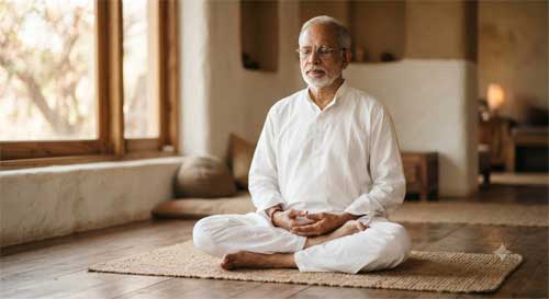 Retrato de S. N. Goenka durante una sesión de meditación