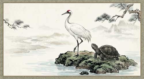 Ilustración artística de una grulla y una tortuga juntas