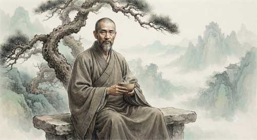 Representación del maestro Huizhong en un entorno natural