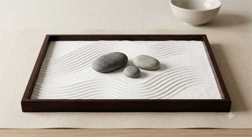 Jardín zen en miniatura sobre una bandeja de madera