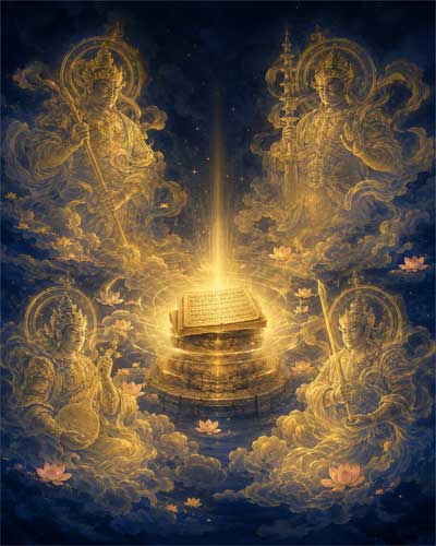 Ilustración artística de la Luz Dorada irradiando protección