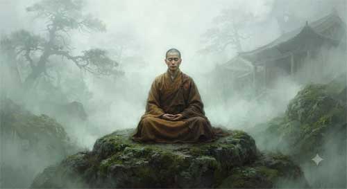 Representación artística del maestro Mingguang en el Monte Emei