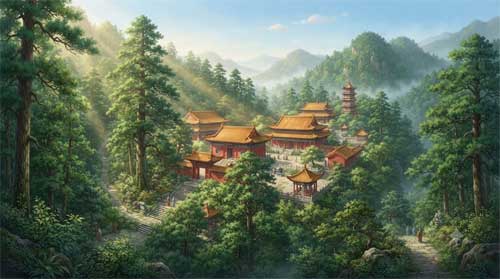 Templo taoísta en el Monte Heng del Sur rodeado de naturaleza