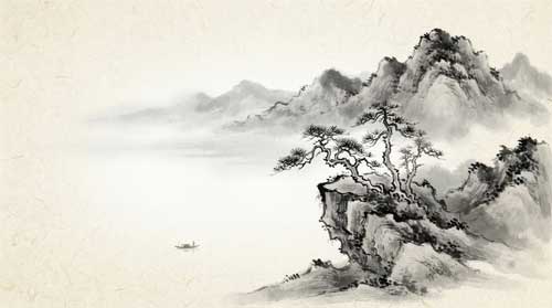 Paisaje tradicional chino con montañas y niebla