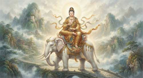 Representación de Samantabhadra montado en un elefante blanco de seis colmillos