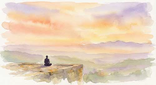 Paisaje sereno de meditación al atardecer