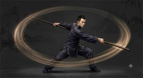 Práctica de armas tradicionales en Kung Fu, específicamente el bastón