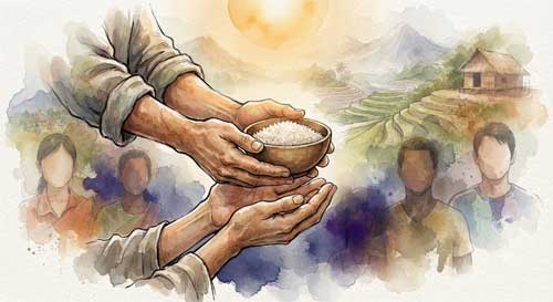 Representación artística de la ayuda humanitaria budista