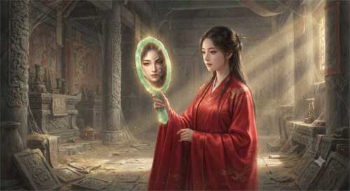 Representación artística del templo y el espejo de jade