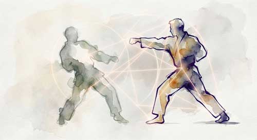 Representación artística de la distancia y el ángulo en artes marciales