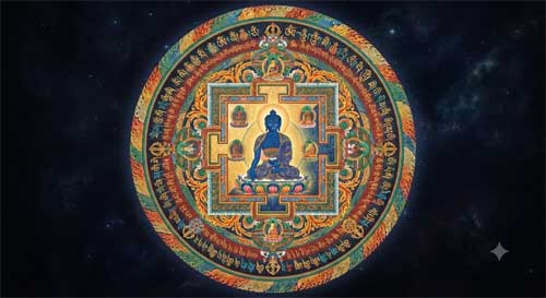 Mandala geométrica compleja en tonos azules y dorados