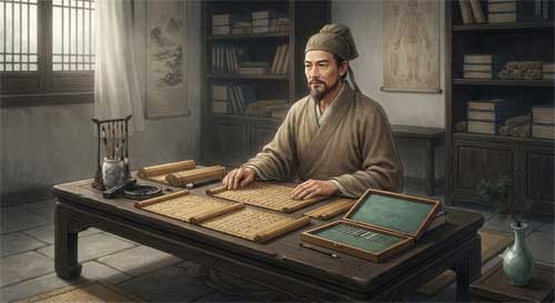 Representación artística de Huang Fumi estudiando los meridianos