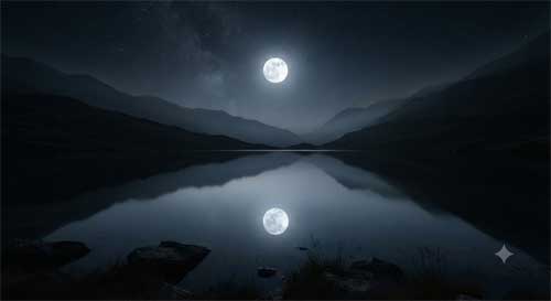 Un lago en calma absoluta reflejando la luz de la luna