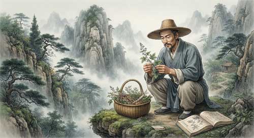 Representación artística de Li Shizhen recolectando plantas en la naturaleza