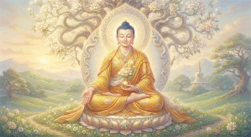 Maitreya sentado serenamente bajo un árbol florido