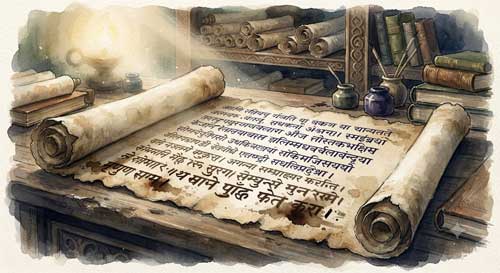 Representación artística de un manuscrito budista antiguo