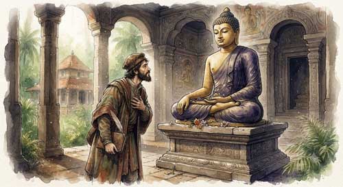 Representación artística del encuentro de Marco Polo con la tradición budista