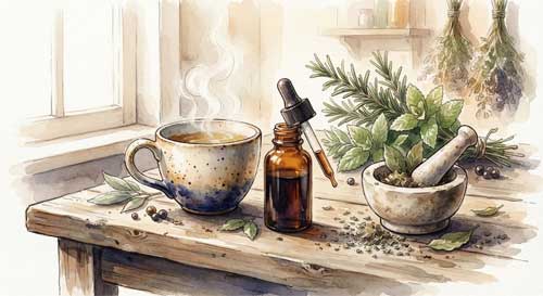 Representación artística de la preparación de remedios herbales
